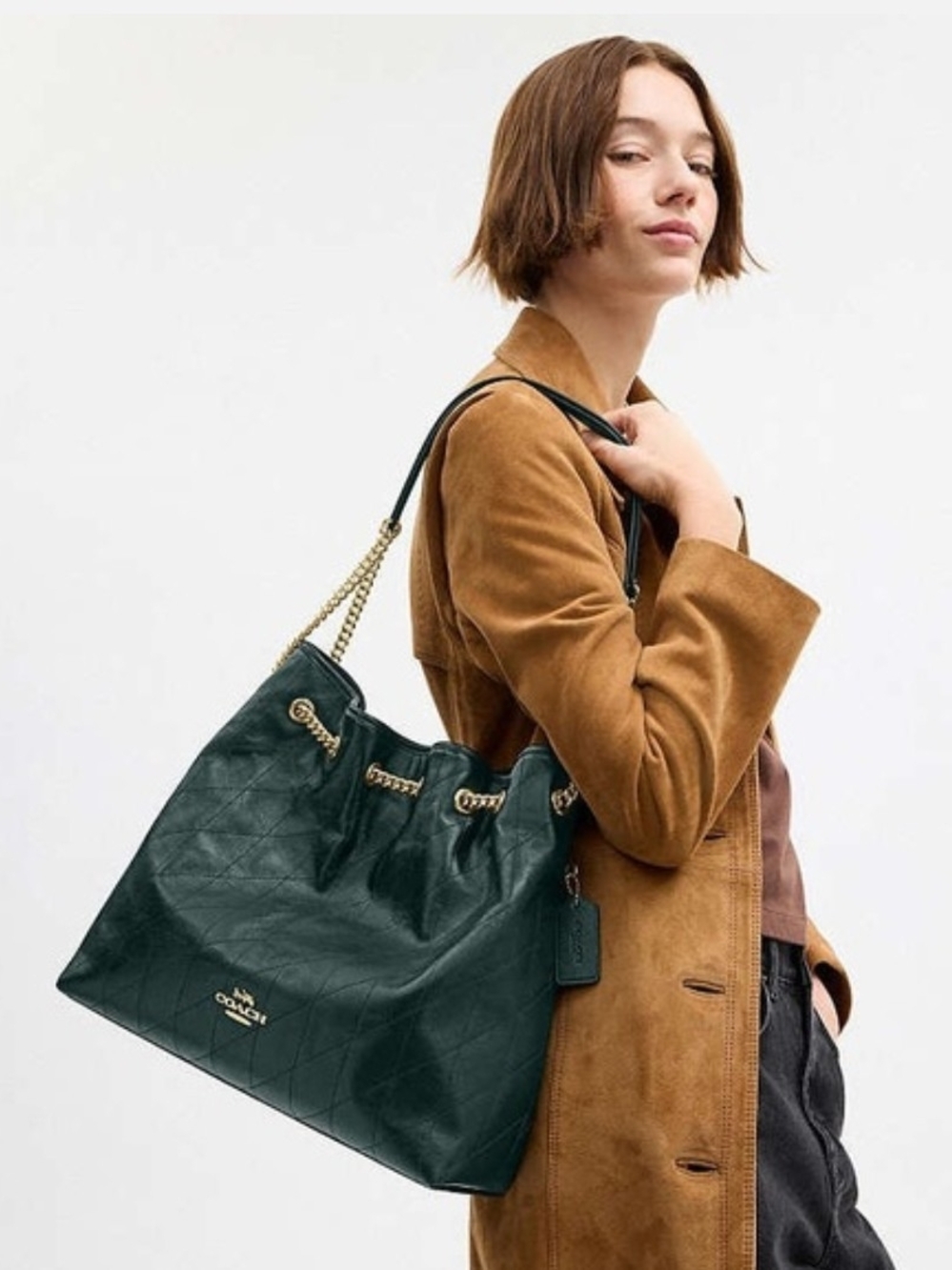 Coach Quilted Drawstring Tote in Teal with Gold Hardware - Picture 2 of 5